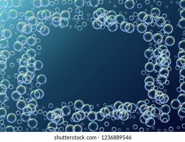 Swimming pool background with soap bubbles and foam. 3d vector illustration flyer. Minimal spray and splash. Realistic water frame and border. Blue colorful liquid swimming pool.
