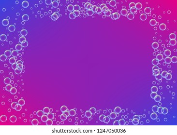 Swimming pool background with soap bubbles and foam. 3d vector illustration design. Bright spray and splash. Realistic water frame and border. Purple colorful liquid swimming pool.