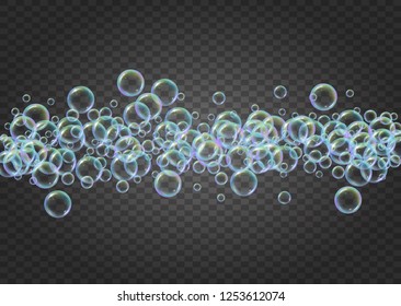 Swimming pool background with soap bubbles and foam. 3d vector illustration layout. Minimal spray and splash. Realistic water frame and border. Isolated colorful liquid swimming pool.