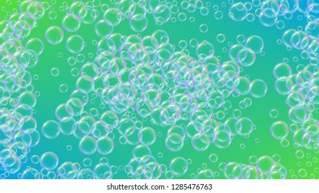 Swimming pool background with soap bubbles and foam. Stylish spray and splash. Realistic water frame and border. 3d vector illustration invite. Green colorful liquid swimming pool.