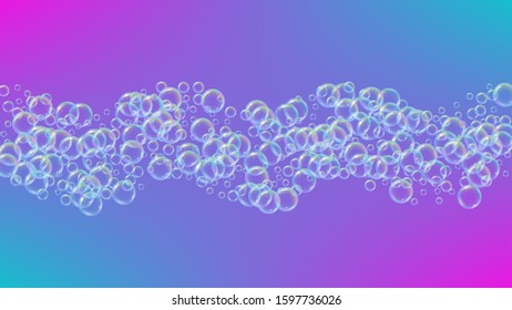 Swimming pool background with soap bubbles and foam. Creative spray and splash. Realistic water frame and border. 3d vector illustration concept. Purple colorful liquid swimming pool.