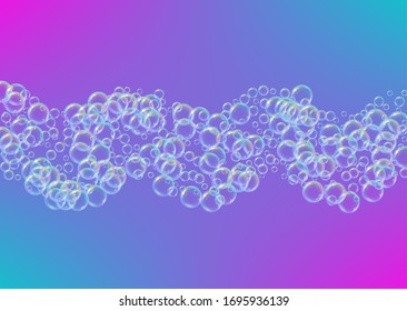 Swimming pool background with soap bubbles and foam. Vibrant spray and splash. Realistic water frame and border. 3d vector illustration poster. Purple colorful liquid swimming pool.