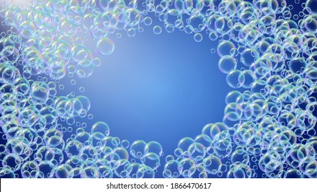Swimming pool background with soap bubbles and foam. Minimal spray and splash. Realistic water frame and border. 3d vector illustration poster. Blue colorful liquid swimming pool.