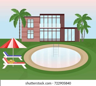 Swimming pool background with sunbeds and umbrella Vector illustration