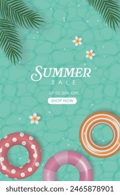 Swimming Pool Background with swim rings and palm leaves