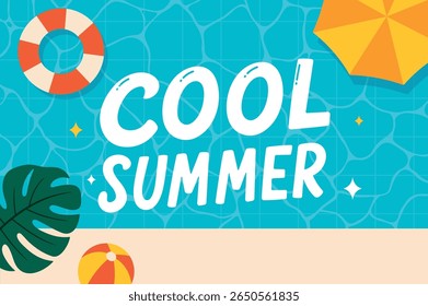 Swimming pool background with text. Tropical leaves, beach ball, umbrella, and lifebuoy create a fun summer vibe. Flat cartoon banner design. Template vector illustration.