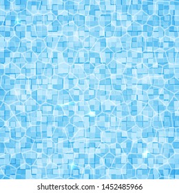 Swimming pool background. Top view of water surface with waves and sun glare on it. Blue tiled bottom. Summer vacation vector illustration. Easy to edit template for your design projects.