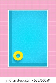 Swimming pool background vector illustration. Top view of swimming pool with yellow inflatable ring floating on water.