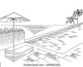 Swimming pool balcony graphic black white landscape sketch illustration vector