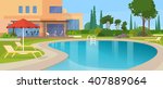 Swimming Pool Big Modern Villa Hotel House Exterior Flat Design Vector Illustration