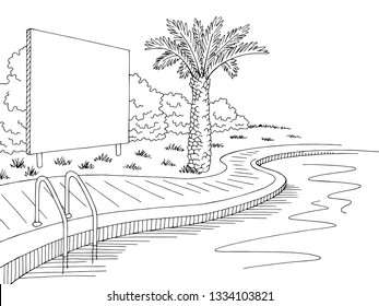 Swimming pool billboard graphic black white landscape sketch illustration vector