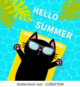 Swimming pool. Black cat floating on yellow pool float water mattress. Top air view. Sunglasses. Hello Summer. Lifebuoy. Palm tree leaf. Cute cartoon relaxing character Flat design Vector illustration