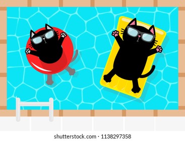 Swimming pool. Black cat floating on yellow pool float water mattress and red circle. Top air view. Sunglasses. Lifebuoy. Hello Summer. Cute cartoon character. Flat design. Vector