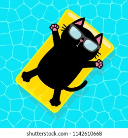 Swimming pool. Black cat floating on yellow pool float water mattress. Top air view. Hello Summer. Sunglasses. Lifebuoy. Cute cartoon relaxing character. Flat design. Vector illustration