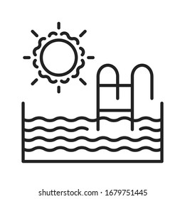 Swimming pool black line icon. House amenities sign. Outdoor recreation symbol. Pictogram for web page, mobile app, promo. UI UX GUI design element. Editable stroke. isolated illustration.