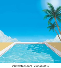 Swimming Pool, blue sky and palm trees watercolor