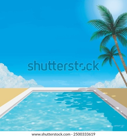 Swimming Pool, blue sky and palm trees watercolor