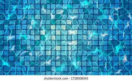 Swimming pool with blue water, ripples and highlights. Texture of water surface and tiled bottom. Overhead view. Summer background.