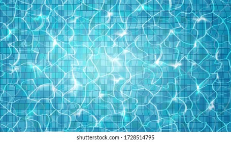 Swimming pool with blue water, ripples and highlights. Texture of water surface and tiled bottom. Overhead view. Summer background.