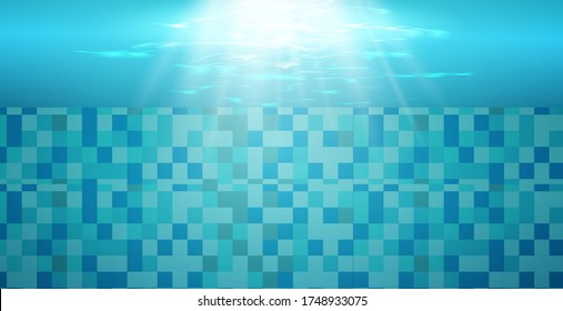 
Swimming pool with blue water, ripples and highlights. Texture of water surface and tiled bottom. Overhead view. Summer background.
