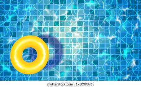 Swimming pool with blue water,rings, ripples and highlights. Texture of water surface and tiled bottom. Overhead view. Summer background.