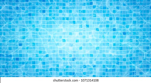 Swimming pool bottom caustics ripple and flow with waves background. Summer background. Texture of water surface. Overhead view. Vector background.