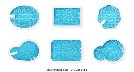 Vista superior inferior de la piscina con conjunto de textura de ondas de agua azul. Superficie acuática de verano con ondas. Colección Spa piscina Formas geométricas juego textura