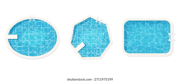 Vista superior inferior de la piscina con conjunto de textura de ondas de agua azul. Superficie acuática de verano con ondas. Spa piscina Formas geométricas juego de textura