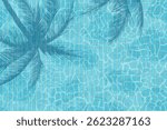 Swimming pool bottom with water ripples and palm tree shadow. Summer hotel outdoor swimming pool background. Water surface texture. Vector illustration of water ripples in outdoor swimming pool.