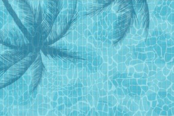 Swimming pool bottom with water ripples and palm tree shadow. Summer hotel outdoor swimming pool background. Water surface texture. Vector illustration of water ripples in outdoor swimming pool.