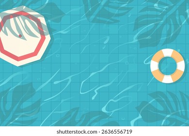 Swimming pool bottom with water ripples and shadow of tropical leaves, swimming ring and umbrella. Water surface texture. Vector illustration of water ripples in swimming pool.