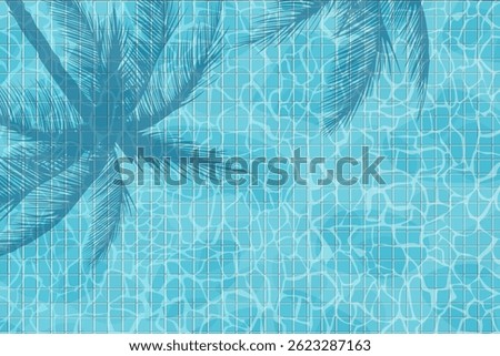 Swimming pool bottom with water ripples and palm tree shadow. Summer hotel outdoor swimming pool background. Water surface texture. Vector illustration of water ripples in outdoor swimming pool.