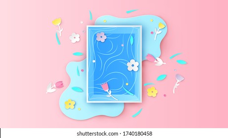 Swimming pool box design for Spring decorated with colorful flowers, leaves, grass floating in the pool. Graphic design for Spring. paper cut and craft style. vector, illustration.