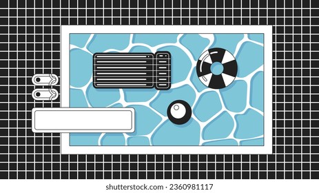 Swimming pool bw cute kawaii lo fi background. Relaxing zone. Floating mattress on water linear 2D vector cartoon exterior illustration, lofi aesthetic wallpaper desktop. Linear japanese anime scenery