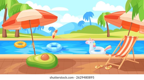 Fundo de desenho animado da piscina. Luxo hotel resort poolside paisagem tropical ao ar livre, praia partido água azul para nadar verão férias viajar cartaz, vetor limpo ilustração original arte