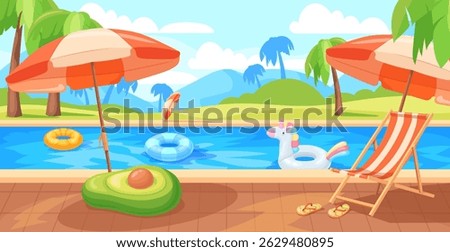 Swimming pool cartoon background. Luxury hotel resort poolside outdoor tropical landscape, beach party blue water for swim summer vacation travel poster, neat vector illustration original artwork