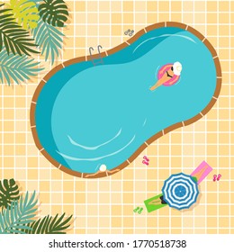 Swimming Pool Cartoon Vector With People In The Water Top View. Swimming Pool With Umbrella And Tree Cartoon Vector Illustration