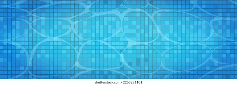 Swimming pool caustics ripple background. Blue swimming pool for backdrop, banner, wallpaper, surface pattern, cover and banner. Swimming pool bottom background. Summer concept, vector illustration