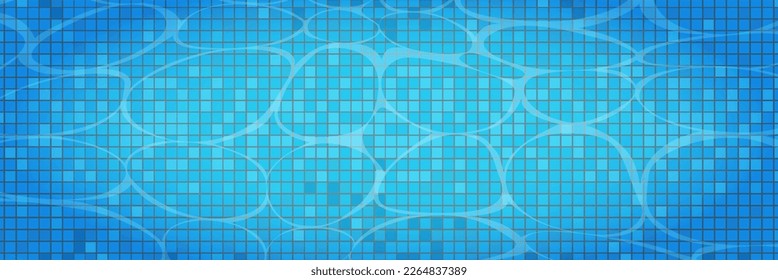 Swimming pool caustics ripple background. Blue swimming pool for backdrop, banner, wallpaper, surface pattern, cover and banner. Swimming pool bottom background. Summer concept, vector illustration