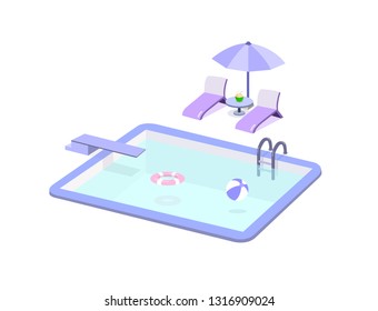 Swimming pool and pool chair set isolated on white background.