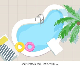 Swimming pool with swimming circles, sunbeds and palm trees. Flat illustration.