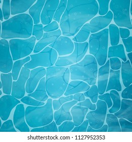 Swimming pool with clean, shimmering turquoise tropical water with ripples. Top view. Waves effects. Texture of water surface. Summer background. Sea, ocean. Blue sea pool water. Vector illustration.