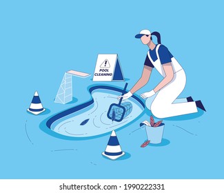 Swimming pool cleaning with cleaning equipment flat illustration vector, Pool maintenance concept, swimming pool service worker with net cleaning water