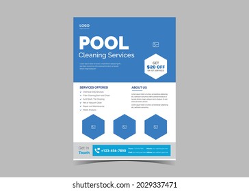 Plantilla de folleto del servicio de limpieza de la piscina. Diseño del folleto del servicio de mantenimiento de piscinas