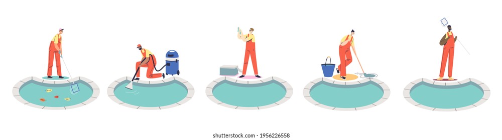 Swimming pool cleaning service workers work on outdoor pool maintenance and repair. Set of clean team with net, vacuum cleaner, mop and skimmer. Cartoon flat vector illustration