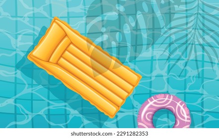 Swimming pool with clear water rubber ring and floating mattress ceramic tiles on the bottom vector illustration