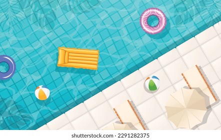 Swimming pool with clear water rubber ring and floating mattress ceramic tiles on the bottom vector illustration