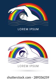Swimming pool, club, on rainbows background, sign, graphic, logo, vector