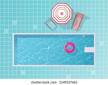 Swimming pool with colorful float ring top view background. Water ring, umbrella, lounger. Big outdoor pool with water toys, flat lay view. Hotel spa zone, vacation. Summer background.