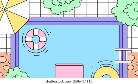 Swimming pool with colorful floaties and umbrellas and surrounding by tree perfect for summer fun and relaxation cartoon hand drawn vector